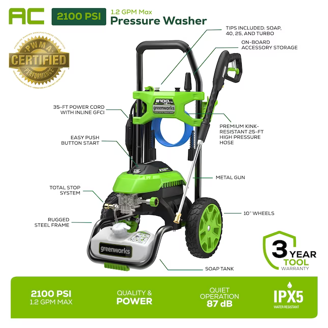 Greenworks 2100 PSI 1.2- Gallons-GPM Cold Water Electric Pressure Washer