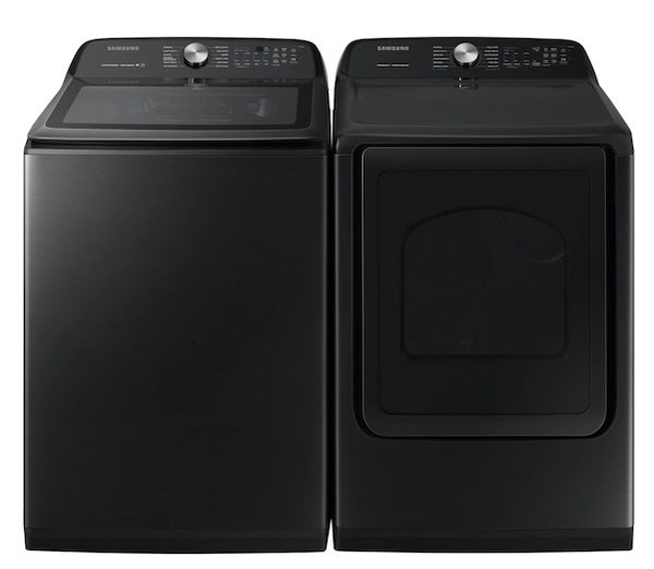 Samsung 5.0 cu. ft. Top Load Washer & 7.4 cu. ft. Dryer with Steam Sanitize+ in Black Stainless Steel