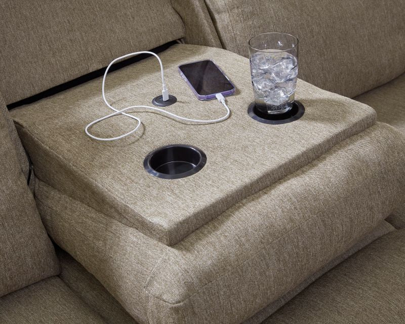 Rent To Own Ashley Side-Swipe Mocha REC Sofa w/Drop Down Table