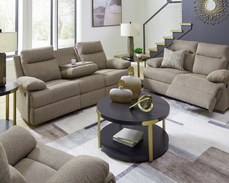Rent To Own Ashley Side-Swipe Mocha REC Sofa w/Drop Down Table