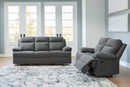 Ashley Side-Swipe Charcoal REC Sofa w/Drop Down Table & Reclining Loveseat