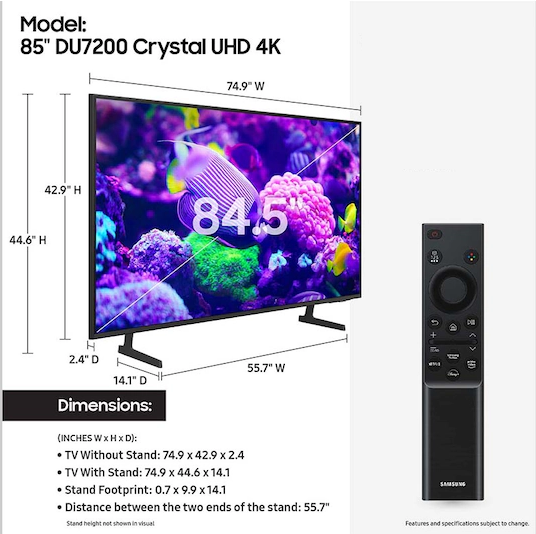 Samsung 85" Class Crystal UHD DU7200 (UN85DU7200FXZA)