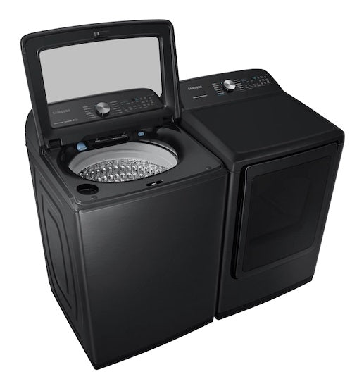 Samsung 5.0 cu. ft. Top Load Washer & 7.4 cu. ft. Dryer with Steam Sanitize+ in Black Stainless Steel