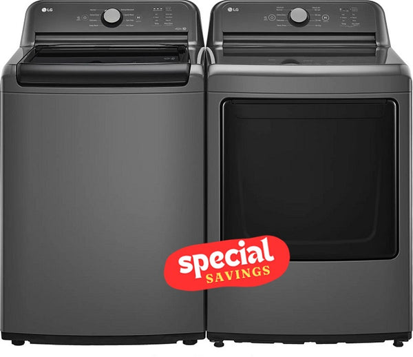 LG 4.1 cu. ft. Top Load Washer with 4-Way Agitator® and TurboDrum™ Technology & 7.3 cu. ft. Ultra Large Capacity Rear Control Electric Dryer with Sensor Dry Technology