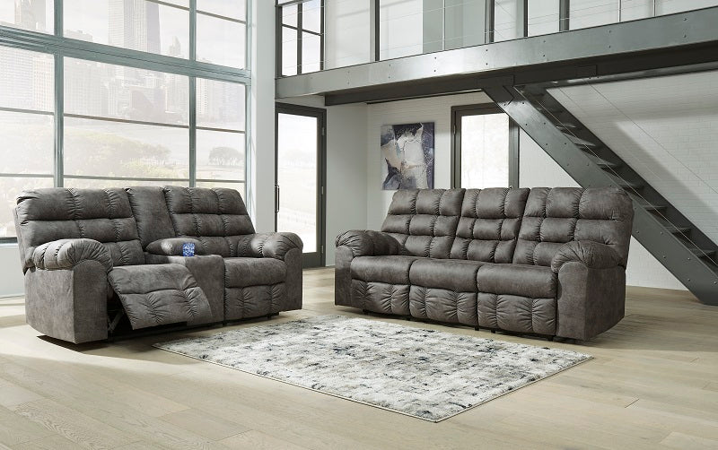 Rent To Own Ashley Derwin Concrete Reclining Sofa & Reclining Loveseat